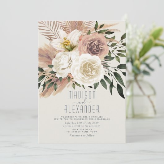 Dusty Blue Boho Pink Blumenzettel Einladung (Stehend Vorderseite)