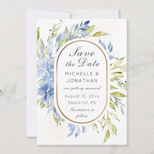 Dusty Blue Boho Rose Greenerity Gold Frame Save The Date (Vorderseite)