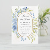 Dusty Blue Boho Rose Greenerity Gold Frame Save The Date (Stehend Vorderseite)