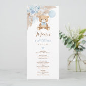 Dusty Blue Boho Teddy Bear Balloon Menu Card Einladung (Stehend Vorderseite)