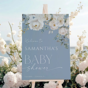 Dusty Blue Boho weiße Blumen Babydusche Empfang Poster
