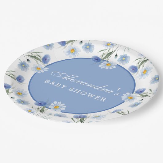 Dusty Blue Boho Wildblume Babydusche Pappteller (Schrägansicht)