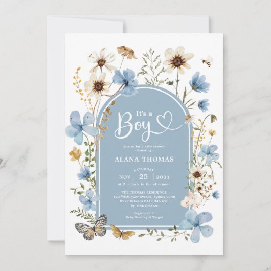 Dusty Blue Boho Wildblume Boy Baby Shower Einladung (Vorderseite)