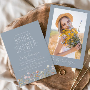 Dusty Blue Boho Wildblume Brautparty Foto Einladung