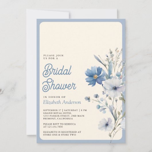 Dusty Blue Boho Wildblume Foto Brautparty Einladung (Vorderseite)