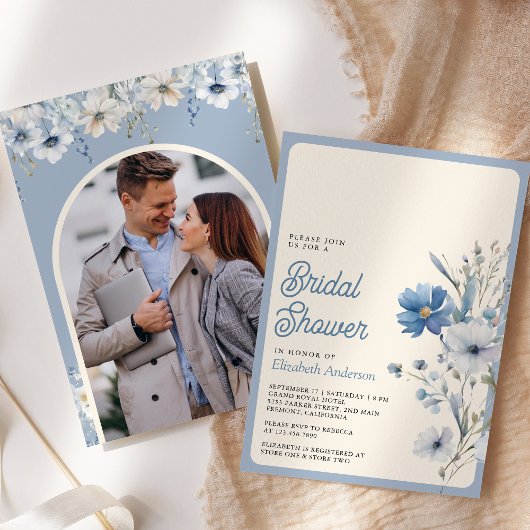 Dusty Blue Boho Wildblume Foto Brautparty Einladung