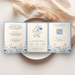Dusty Blue Boho Wildblume Foto QR Code Wedding Dreifach Gefaltete Einladung