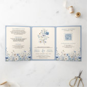Dusty Blue Boho Wildblume Foto QR Code Wedding Dreifach Gefaltete Einladung (Innenseite)