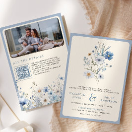 Dusty Blue Boho Wildblume Foto QR Code Wedding Einladung