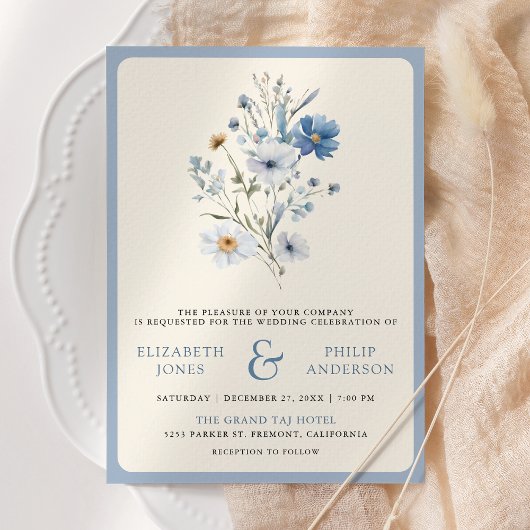 Dusty Blue Boho Wildblume Foto QR Code Wedding Einladung