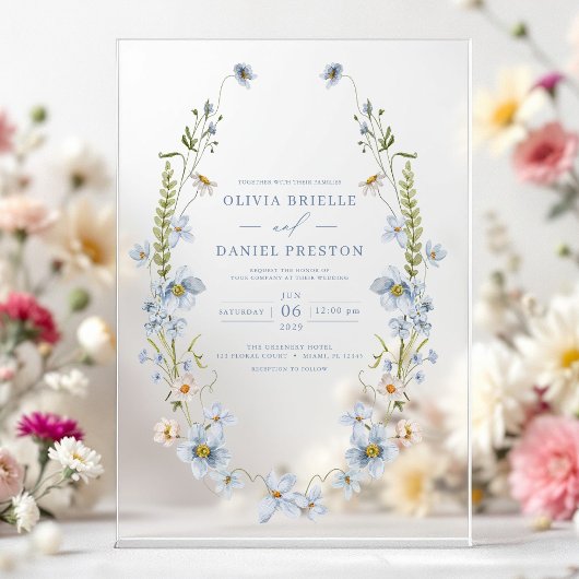 Dusty Blue Boho Wildblume Garden Wedding Acryleinladungen