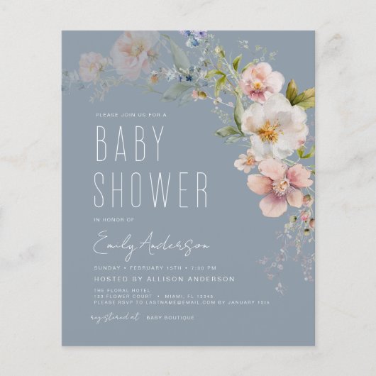 Dusty Blue Boho Wildblume Kinderdusche Einladung Flyer (Vorne)