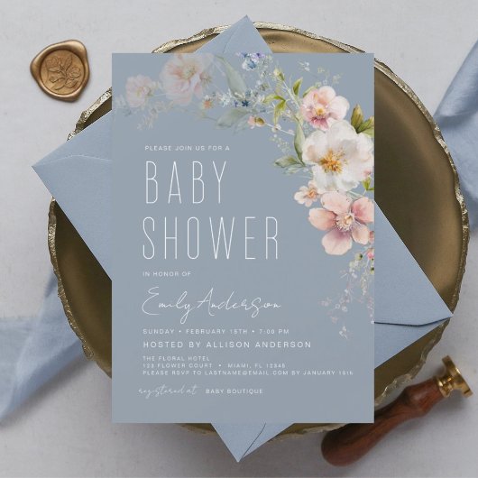 Dusty Blue Boho Wildblume Kinderdusche Einladung Flyer