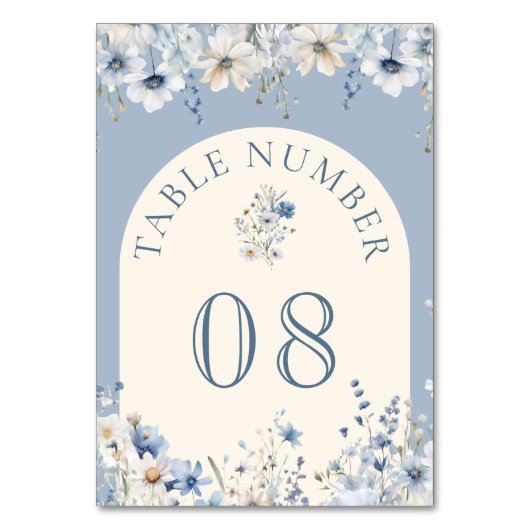 Dusty Blue Boho Wildblume Wedding Tischnummer (Vorderseite)