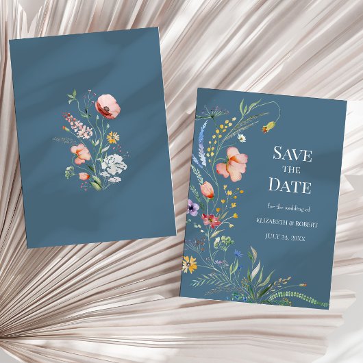 Dusty Blue Boho Wildblumen Save the Date Card Einladung