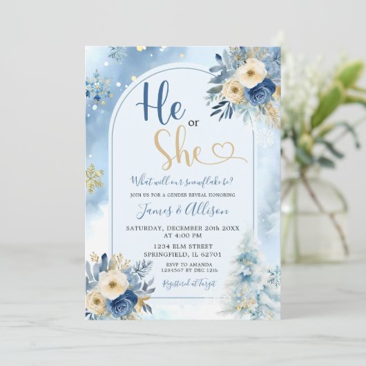 Dusty Blue Boho Winter Gender Reveal floral Einladung (Stehend Vorderseite)