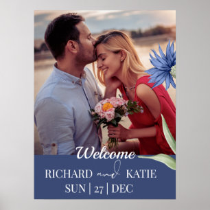 Dusty Blue Bold floral Stylischer QR Code Wedding Poster