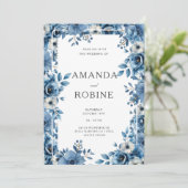 Dusty Blue Bold Floral Wedding Einladung (Stehend Vorderseite)