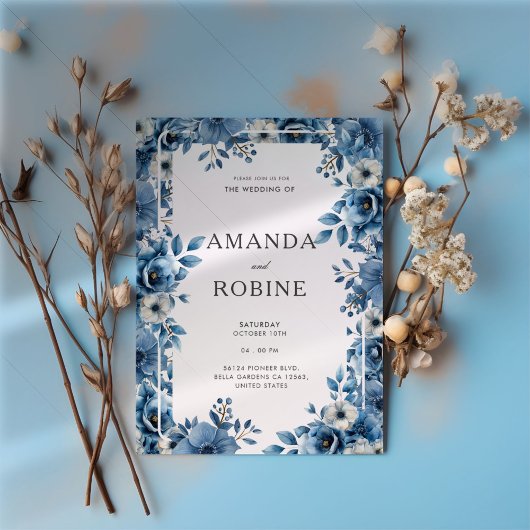 Dusty Blue Bold Floral Wedding Einladung