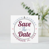Dusty blue, bordeauxfarbenes typografisches Foto a Save The Date (Stehend Vorderseite)