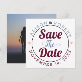 Dusty blue, bordeauxfarbenes typografisches Foto a Save The Date