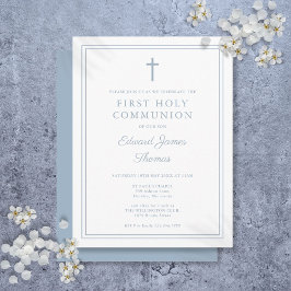 Dusty Blue Border First Holy Communitation Einladu Postkarte