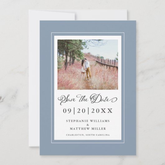 Dusty Blue Borders Foto Save the Date Hochzeit (Vorderseite)