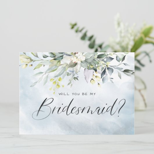Dusty Blue Botanic Watercolor Script Bridesmaid Einladung (Stehend Vorderseite)
