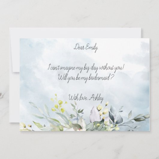 Dusty Blue Botanic Watercolor Script Bridesmaid Einladung (Rückseite)