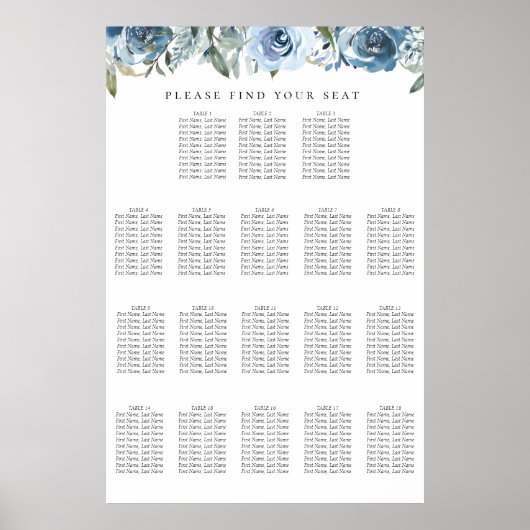 Dusty Blue Botanical 18 Table Seating Chart Poster (Vorne)