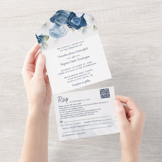 Dusty Blue Botanical Bloom Script Wedding All In One Einladung (Abreißen)