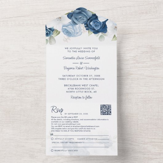 Dusty Blue Botanical Bloom Script Wedding All In One Einladung (Innen Boden)