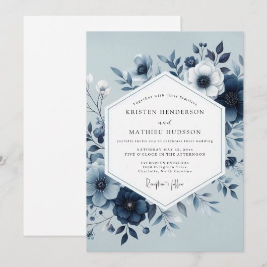 Dusty Blue Botanical Bloom Wedding Einladung (Vorne/Hinten)