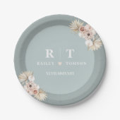 Dusty Blue Botanical Boho Elegant Wedding Monogram Pappteller (Vorderseite)
