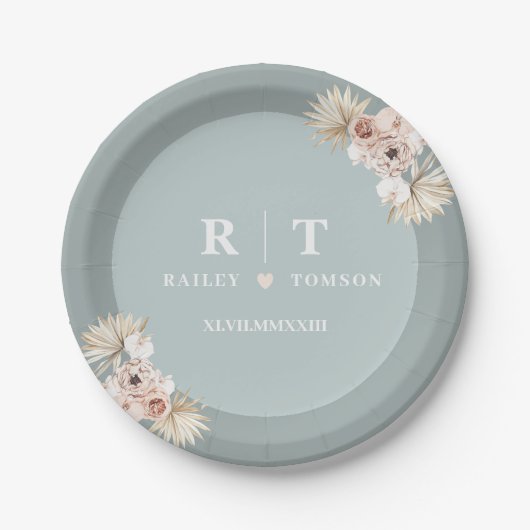 Dusty Blue Botanical Boho Elegant Wedding Monogram Pappteller (Vorderseite)