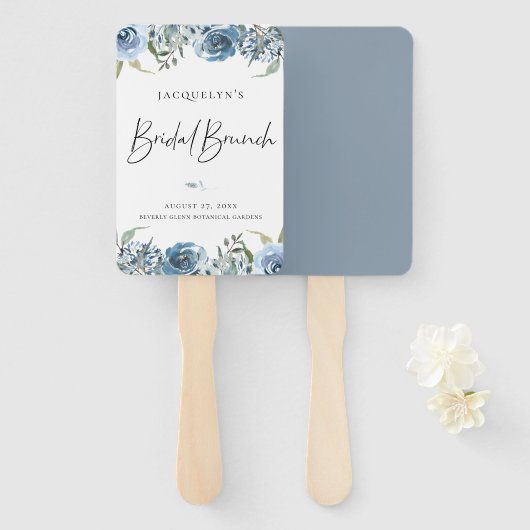 Dusty Blue Botanical Bridal Brunch Hand Fan Fächer (Vorne und Hinten)