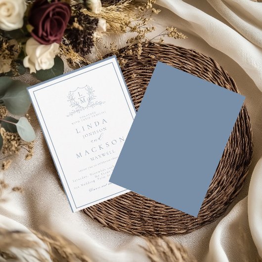 Dusty blue botanical crest monogram wedding einladung