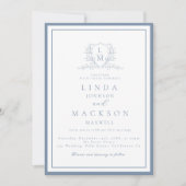 Dusty blue botanical crest monogram wedding einladung (Vorderseite)