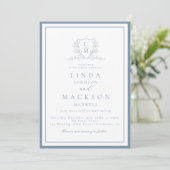 Dusty blue botanical crest monogram wedding einladung (Stehend Vorderseite)