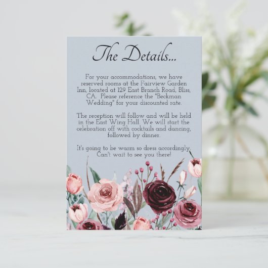 Dusty Blue Botanical Elegante Wedding Details Card Begleitkarte (Stehend Vorderseite)