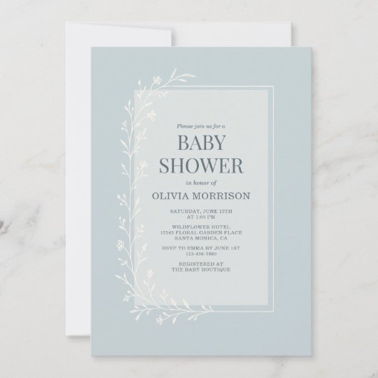 Dusty Blue Botanical Floral Baby Shower Einladung (Vorderseite)