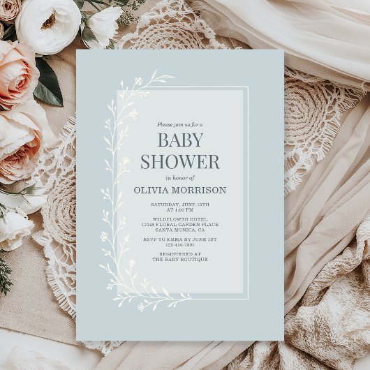 Dusty Blue Botanical Floral Baby Shower Einladung