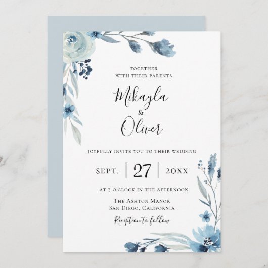 Dusty Blue Botanical Floral Wedding Einladung (Vorne/Hinten)