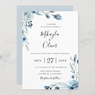 Dusty Blue Botanical Floral Wedding Einladung