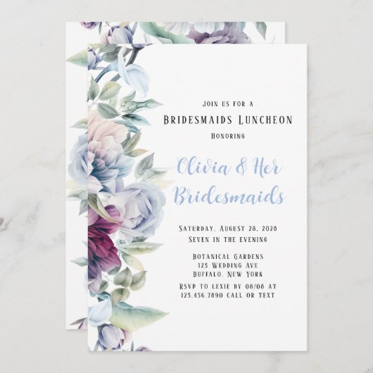 Dusty Blue Botanical Florals Bridesmaids Luncheon Einladung (Vorne/Hinten)