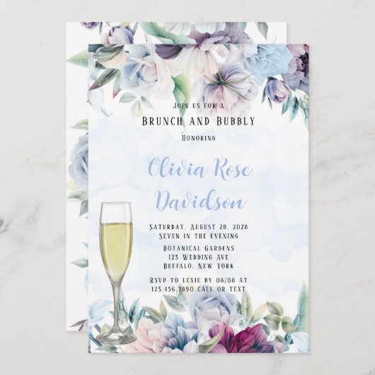 Dusty Blue Botanical Florals Brunch und Bubbly Einladung (Vorne/Hinten)