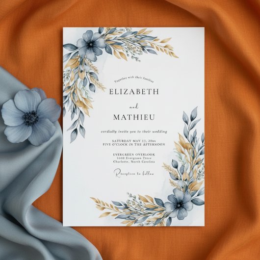 Dusty Blue Botanical Flourish Wedding Einladung