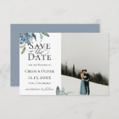 Dusty Blue Botanical Foto Save the Date Ankündigung (Vorne/Hinten)