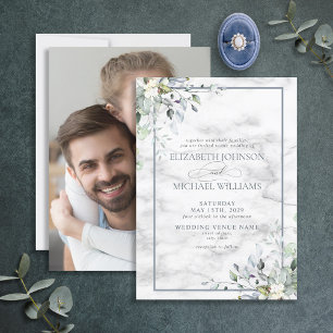 Dusty Blue Botanical Greenerity Marble Foto Weddin Einladung