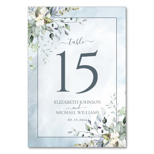 Dusty Blue Botanical Greenerity Watercolor Wedding Tischnummer (Rückseite)